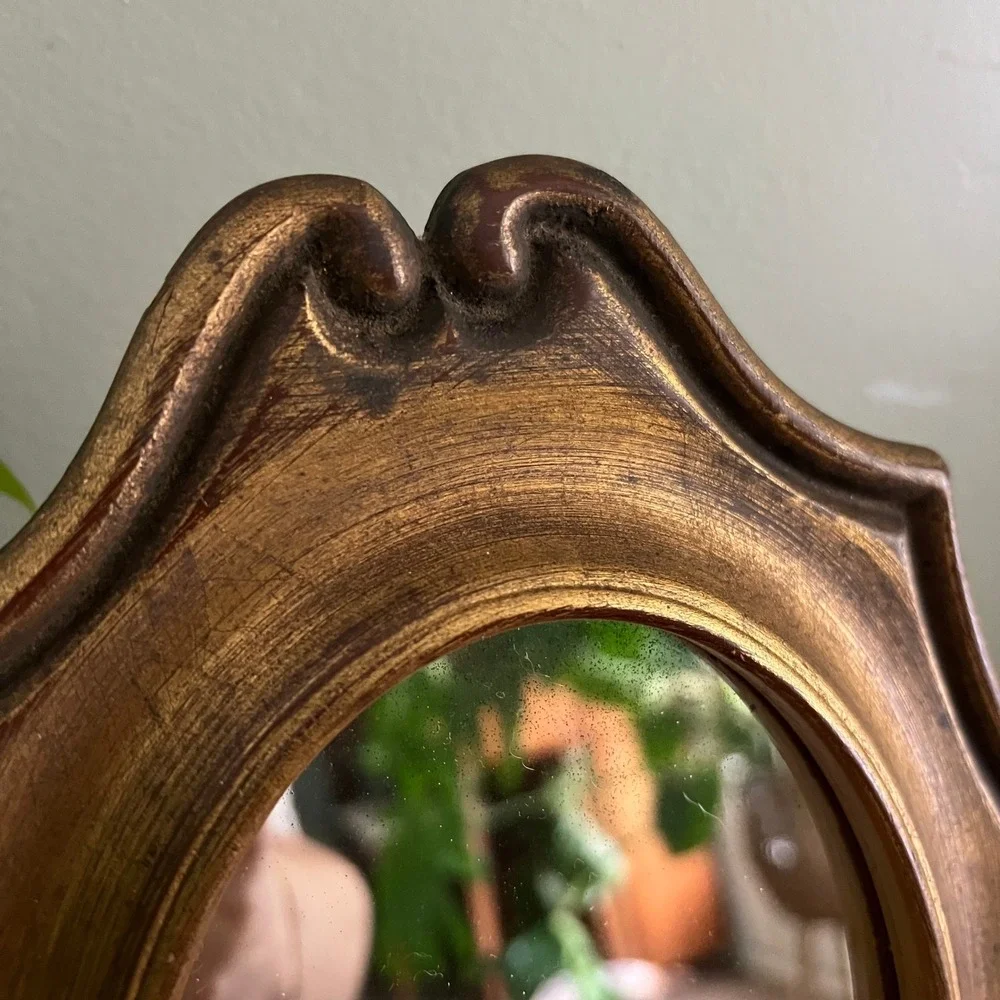 Vintage Gold Wood Oval Wall Mirror Ornate Scalloped Frame 8 Inch Accent Decor